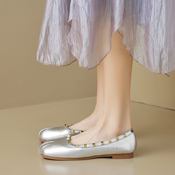 画像4: Round studded leather flat pumps shoes 　ラウンドトスタッズレザーフラットパンプス (4)