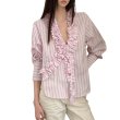 画像1: Light pink striped gathered frill V-neck shirt blouse　ライトピンクストライプギャザーフリルVネックシャツブラウス (1)