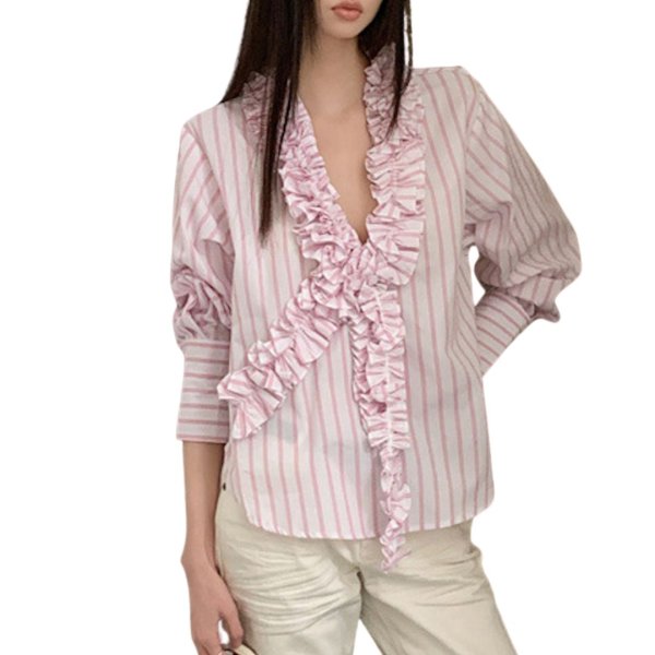画像1: Light pink striped gathered frill V-neck shirt blouse　ライトピンクストライプギャザーフリルVネックシャツブラウス (1)