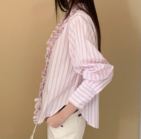 画像3: Light pink striped gathered frill V-neck shirt blouse　ライトピンクストライプギャザーフリルVネックシャツブラウス (3)