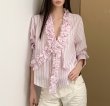 画像4: Light pink striped gathered frill V-neck shirt blouse　ライトピンクストライプギャザーフリルVネックシャツブラウス (4)