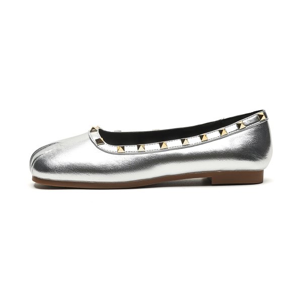 画像1: Round studded leather flat pumps shoes 　ラウンドトスタッズレザーフラットパンプス (1)