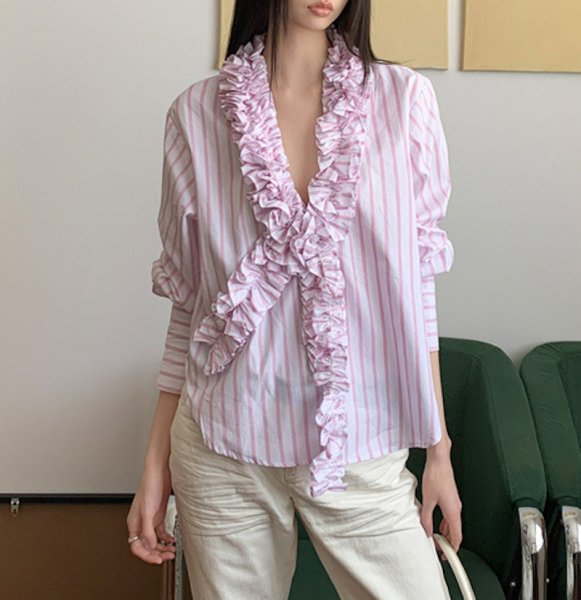 画像5: Light pink striped gathered frill V-neck shirt blouse　ライトピンクストライプギャザーフリルVネックシャツブラウス (5)