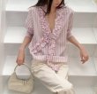 画像6: Light pink striped gathered frill V-neck shirt blouse　ライトピンクストライプギャザーフリルVネックシャツブラウス (6)