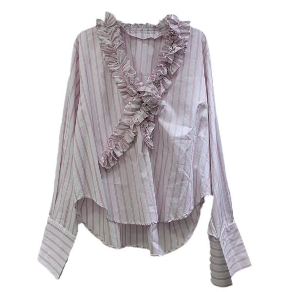 画像7: Light pink striped gathered frill V-neck shirt blouse　ライトピンクストライプギャザーフリルVネックシャツブラウス (7)