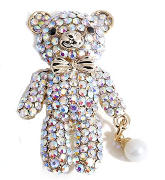 画像1: Teddy Bear Rhinestone & Pearl Brooch　テディベアラインストーン＆パールシャイニー メタル ブローチ (1)