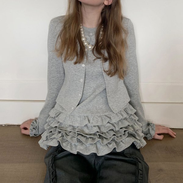 画像3: Ruffled Hem Twin Ensemble Set style　裾フリルツイーンアンサンブルスタイルカーディガンラウンドネックセット (3)