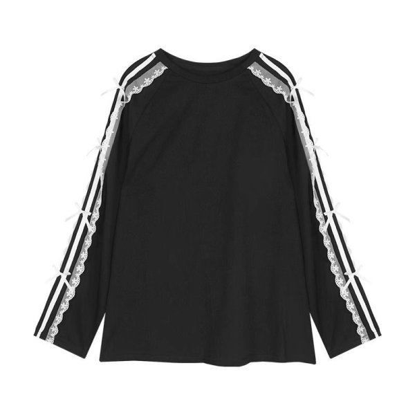 画像1: Lace stitch long sleeve T-shirt with ribbon　リボン付きレースステッチ長袖Tシャツ (1)