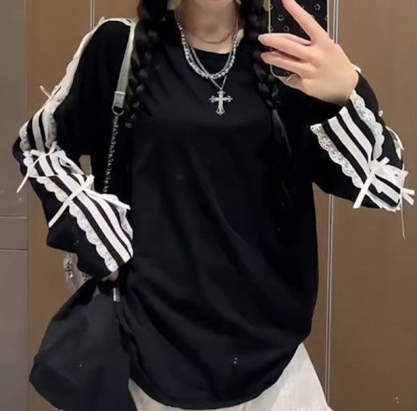 画像5: Lace stitch long sleeve T-shirt with ribbon　リボン付きレースステッチ長袖Tシャツ (5)