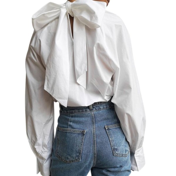 画像1: Back Bow Tie French Style Long Sleeve Blous　バックボウネクタイフレンチスタイルウス長袖ブラウス (1)
