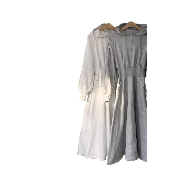 画像5: Women's Half Zip Hood Waistband Flared Dress One piece　ハーフジップフーディウエストマークフレアースウェットドレスワンピース (5)