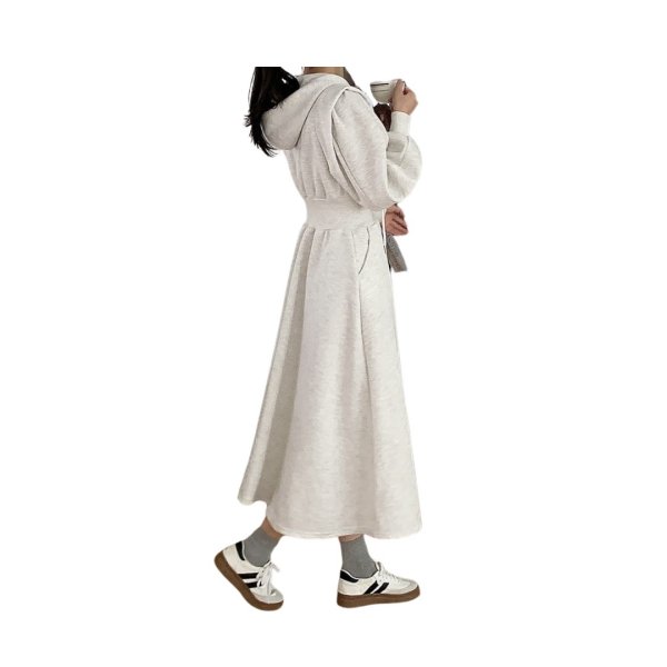 画像7: Women's Half Zip Hood Waistband Flared Dress One piece　ハーフジップフーディウエストマークフレアースウェットドレスワンピース (7)