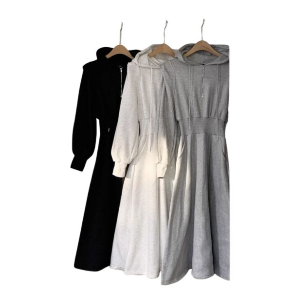 画像4: Women's Half Zip Hood Waistband Flared Dress One piece　ハーフジップフーディウエストマークフレアースウェットドレスワンピース (4)