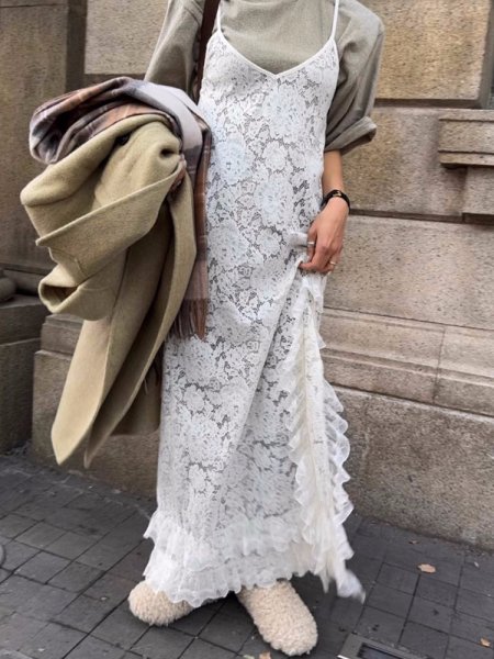 画像7: Women's French niche layered versatile side slit lace suspender dress One piece　レイヤード多用途サイドスリットレースサスペンダードレスドレスワンピース (7)