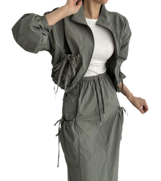 画像1: Women's Zip-up ribbon short jacket + long skirt  set up  ジップアップリボンショートジャケット+ロングスカートセットアップ (1)