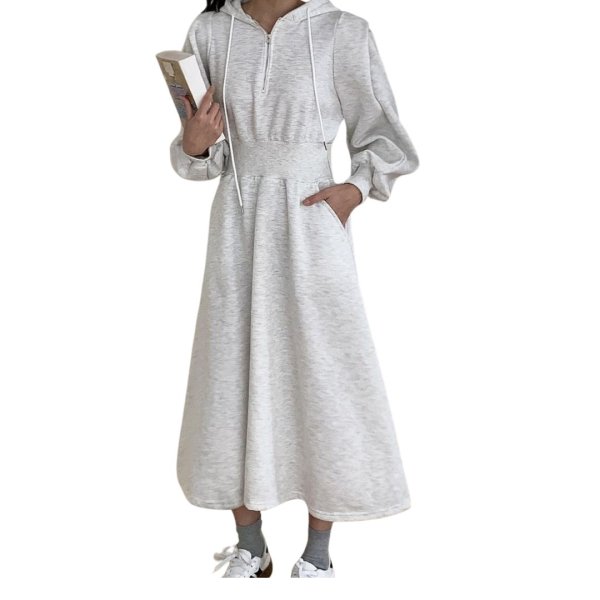 画像1: Women's Half Zip Hood Waistband Flared Dress One piece　ハーフジップフーディウエストマークフレアースウェットドレスワンピース (1)