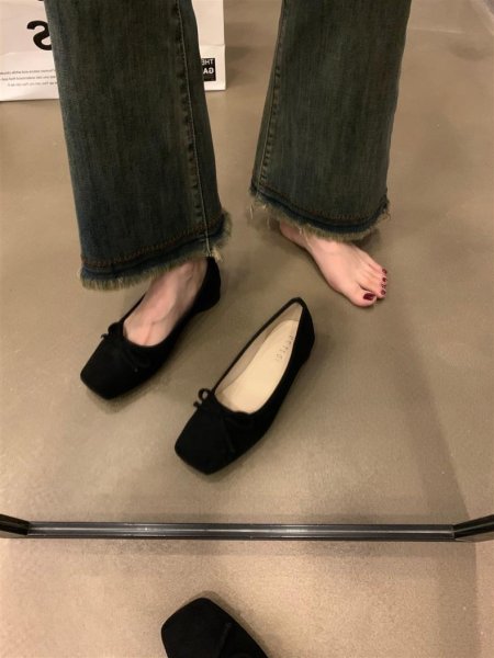 画像5: Square head with ribbon French flat ballet shoes   　リボン付きフラットパンプスバレリーナシューズ (5)
