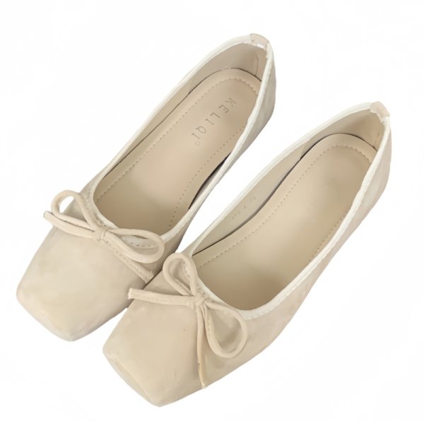 画像1: Square head with ribbon French flat ballet shoes   　リボン付きフラットパンプスバレリーナシューズ (1)