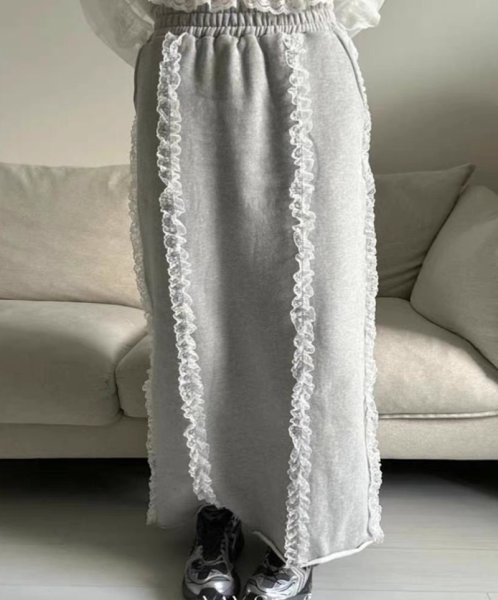画像4: Women's Mid-length lace sweat skirt　レース付きミドル丈スエットスカート (4)