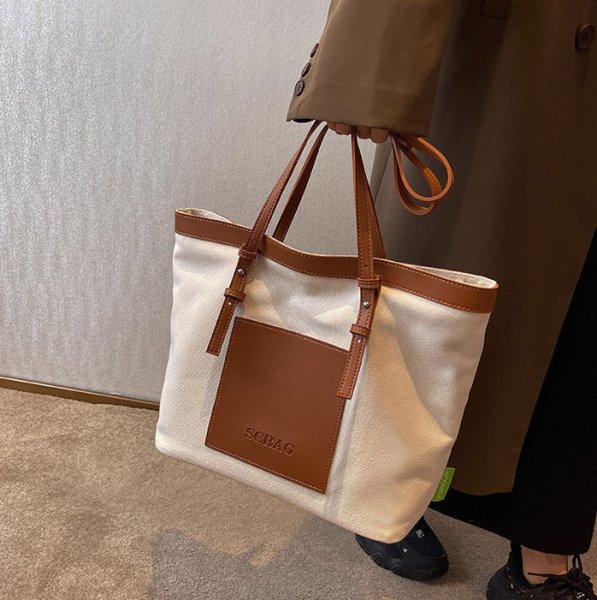 画像10: Large capacity canvas and leather tote shoulder bag　男女兼用ユニセックスラージキャパシティキャンバス＆レザーショルダー トートバッグ通勤通学ショッピング (10)