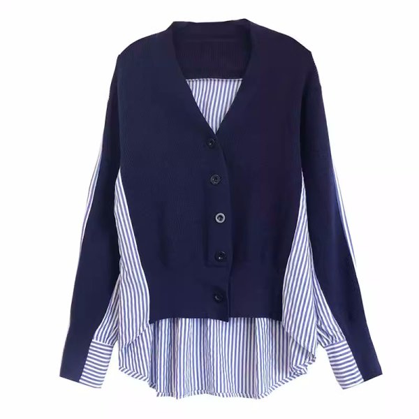 画像1: Color matching striped shirt design blouse sweater　カラーマッチングストライプシャツデザインブラウスセータ (1)