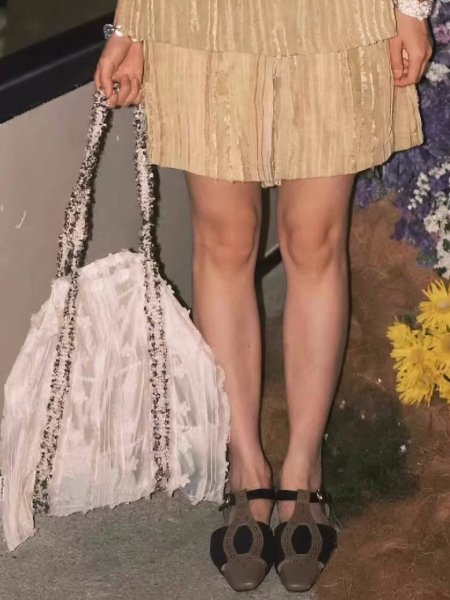 画像3: Flower ribbon texture tencel milk large capacity portable tote shoulder eco shopping bag　フラワーリボンテクスチャテンセルポータブルトートショルダーエコショッピングバッグ (3)