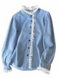 画像1: Feminine lace-trimmed denim shirt　フェミニン レース縁取り  デニムシャツ　ブラウス　 (1)