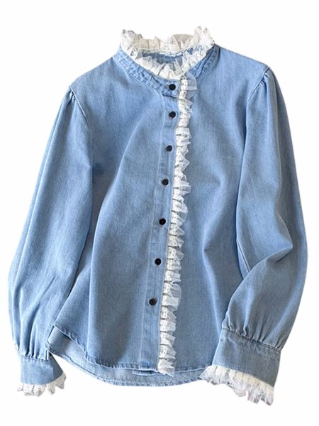 画像1: Feminine lace-trimmed denim shirt　フェミニン レース縁取り  デニムシャツ　ブラウス　 (1)