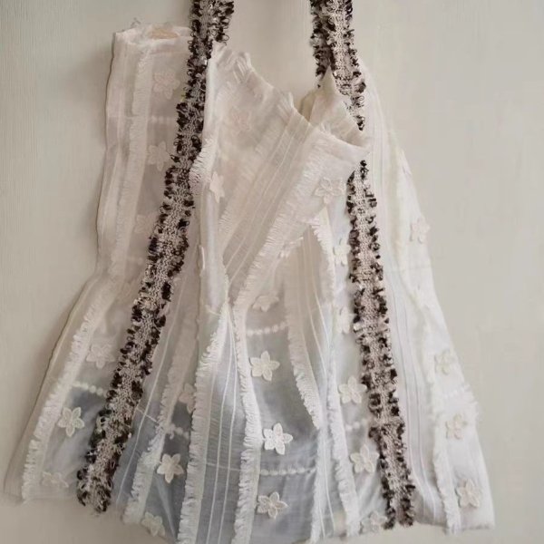 画像8: Flower ribbon texture tencel milk large capacity portable tote shoulder eco shopping bag　フラワーリボンテクスチャテンセルポータブルトートショルダーエコショッピングバッグ (8)