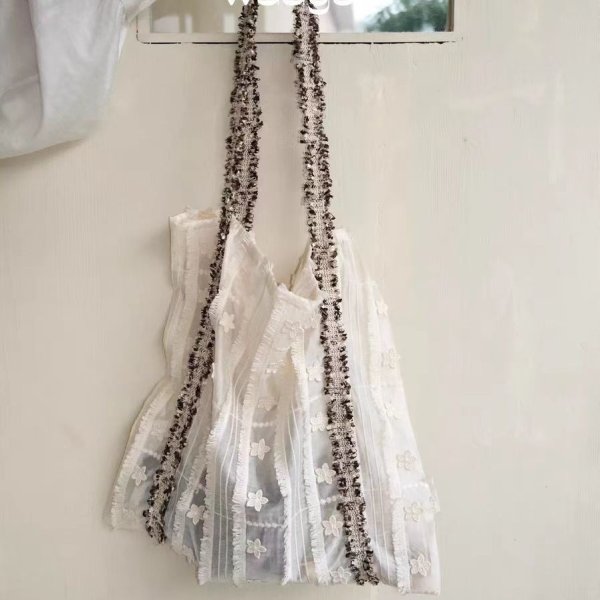 画像9: Flower ribbon texture tencel milk large capacity portable tote shoulder eco shopping bag　フラワーリボンテクスチャテンセルポータブルトートショルダーエコショッピングバッグ (9)