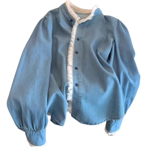 画像2: Feminine lace-trimmed denim shirt　フェミニン レース縁取り  デニムシャツ　ブラウス　 (2)