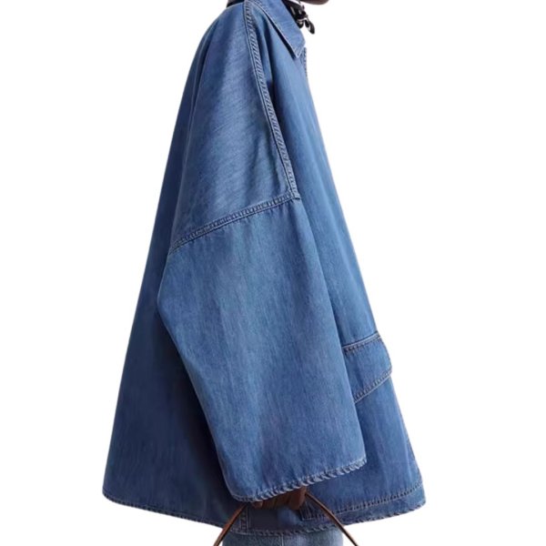 画像2: Women's Drop shoulder wide sleeve double pocket denim jacket　ドロップショルダワイドスリーブ ダブルポケット デニムジャケットコート (2)