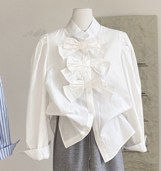 画像3: 3 Piece Ribbon Bow Long Sleeve Blouse shirt　3リボンボウ付き長袖ブラウス　シャツ (3)