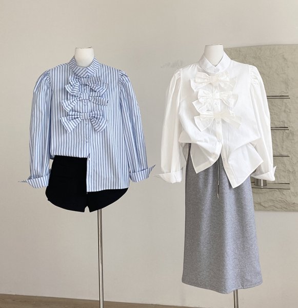 画像5: 3 Piece Ribbon Bow Long Sleeve Blouse shirt　3リボンボウ付き長袖ブラウス　シャツ (5)