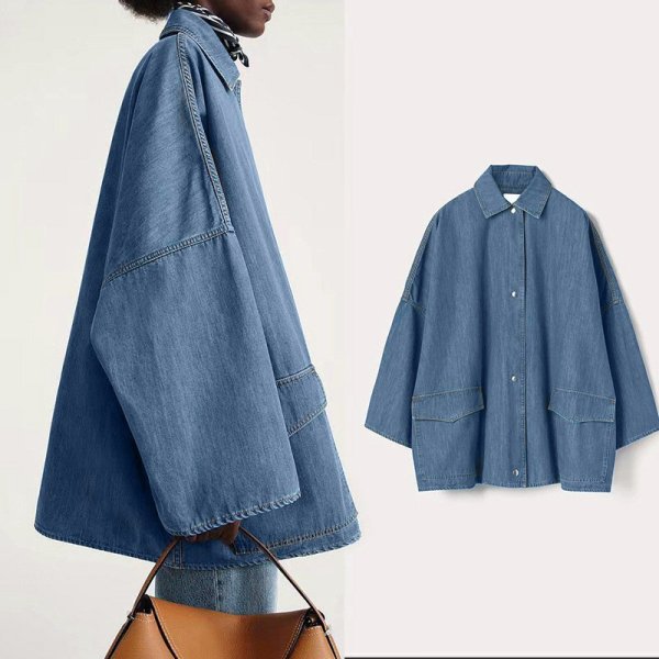 画像3: Women's Drop shoulder wide sleeve double pocket denim jacket　ドロップショルダワイドスリーブ ダブルポケット デニムジャケットコート (3)
