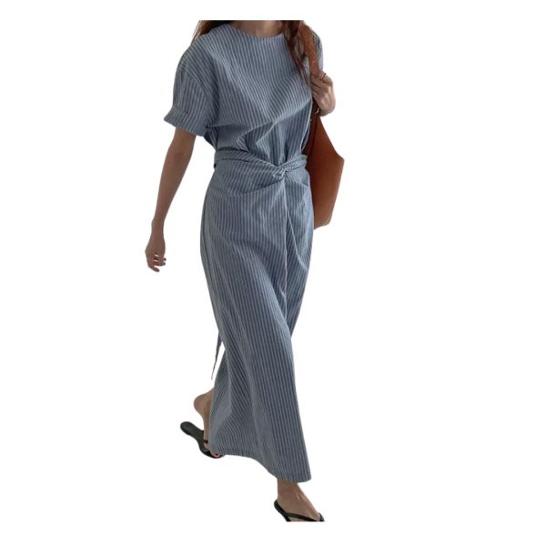 画像2: Women's Cross Strap French Short Sleeve Striped Long Dress One piece　クロスストラップフレンチ半袖ロングドレスワンピース (2)