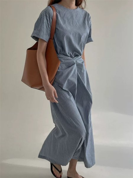 画像5: Women's Cross Strap French Short Sleeve Striped Long Dress One piece　クロスストラップフレンチ半袖ロングドレスワンピース (5)