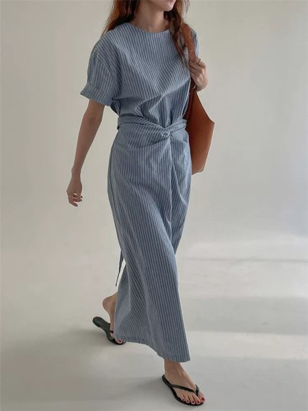 画像4: Women's Cross Strap French Short Sleeve Striped Long Dress One piece　クロスストラップフレンチ半袖ロングドレスワンピース (4)