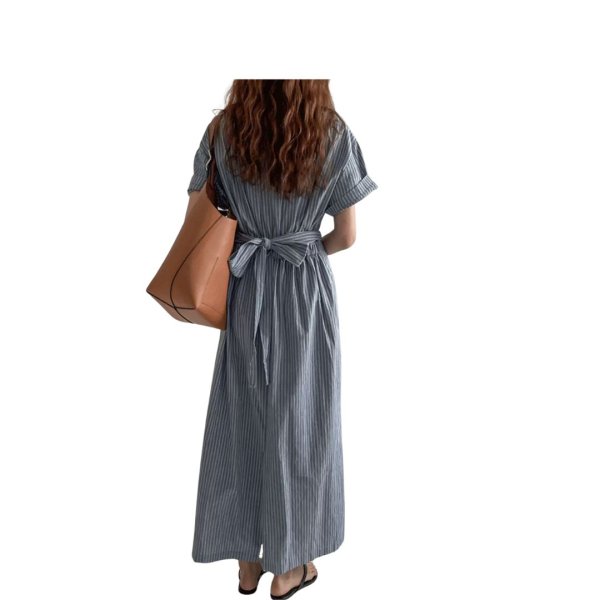 画像3: Women's Cross Strap French Short Sleeve Striped Long Dress One piece　クロスストラップフレンチ半袖ロングドレスワンピース (3)