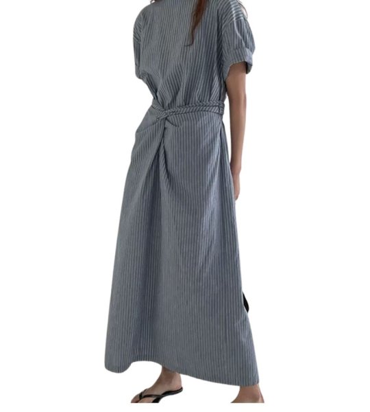 画像1: Women's Cross Strap French Short Sleeve Striped Long Dress One piece　クロスストラップフレンチ半袖ロングドレスワンピース (1)