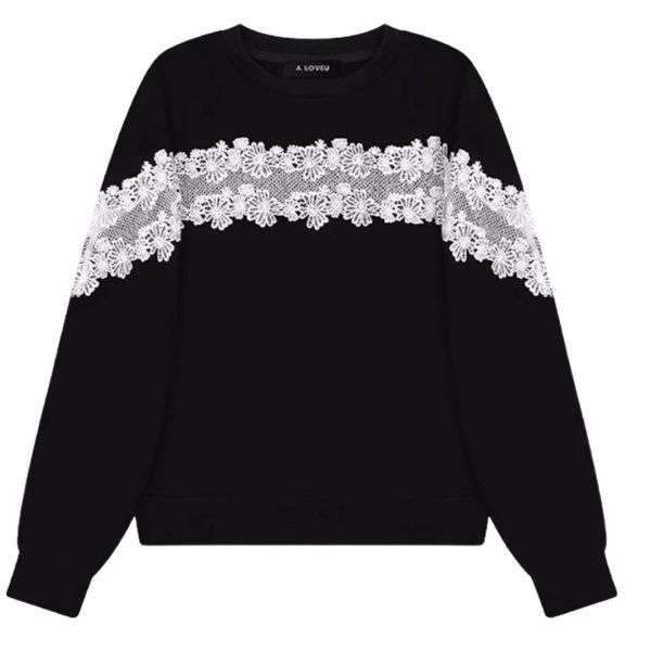 画像1: Round neck sweatshirt with small flower lace　小花レース付き ラウンドネックスウェット (1)