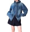 画像1: Washed denim stand-up collar hoodie blouse jacket　ウォッシュドデニムスタンドカラーフーディブラウスジャケット (1)