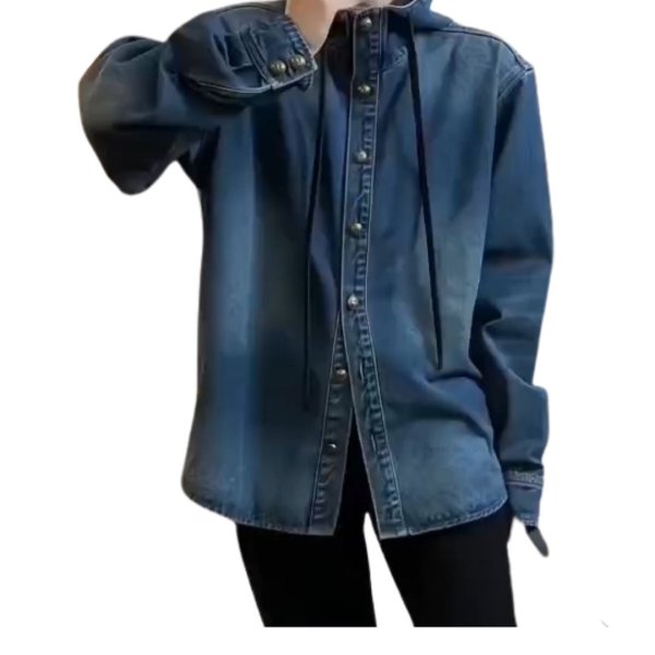 画像2: Washed denim stand-up collar hoodie blouse jacket　ウォッシュドデニムスタンドカラーフーディブラウスジャケット (2)