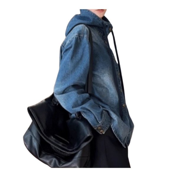 画像3: Washed denim stand-up collar hoodie blouse jacket　ウォッシュドデニムスタンドカラーフーディブラウスジャケット (3)