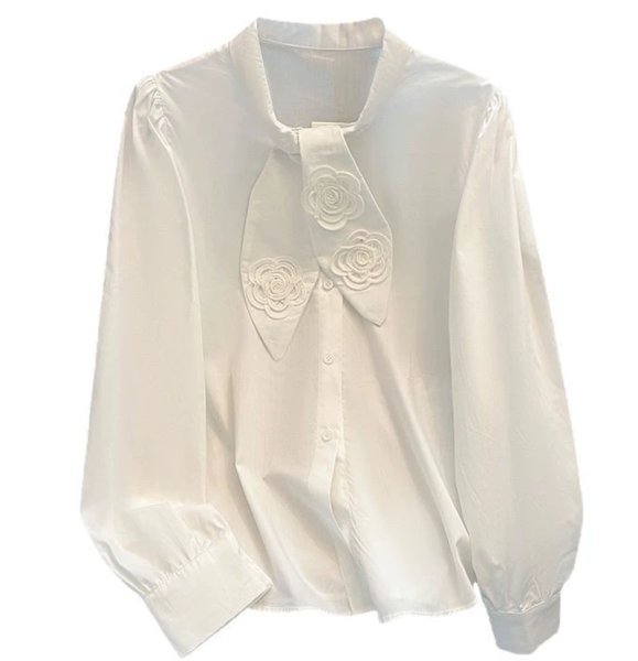 画像1: Bowtie flower embroidered blouse　ボウタイフラワー刺繍ブラウス (1)