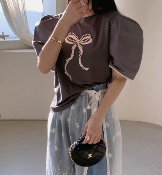 画像9: Pearl ribbon short sleeve T-shirt　パールリボンブラウスTシャツ (9)