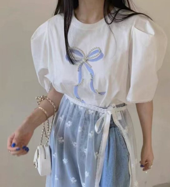 画像4: Pearl ribbon short sleeve T-shirt　パールリボンブラウスTシャツ (4)