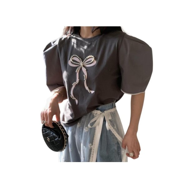 画像2: Pearl ribbon short sleeve T-shirt　パールリボンブラウスTシャツ (2)