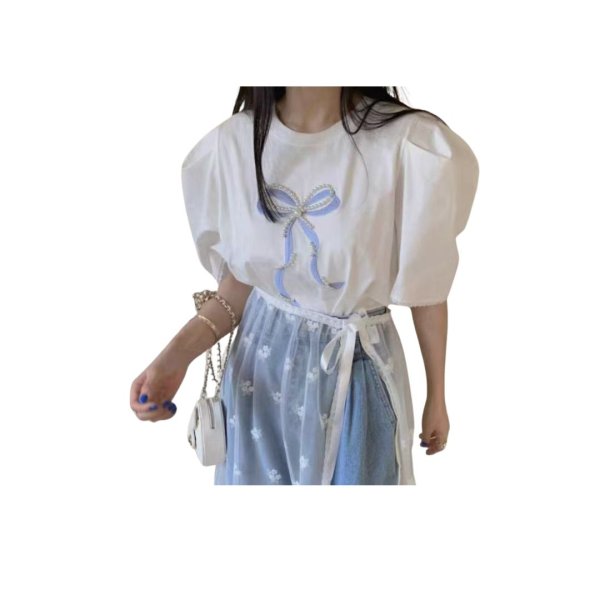 画像11: Pearl ribbon short sleeve T-shirt　パールリボンブラウスTシャツ (11)