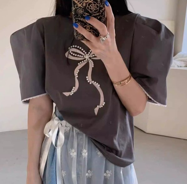 画像10: Pearl ribbon short sleeve T-shirt　パールリボンブラウスTシャツ (10)